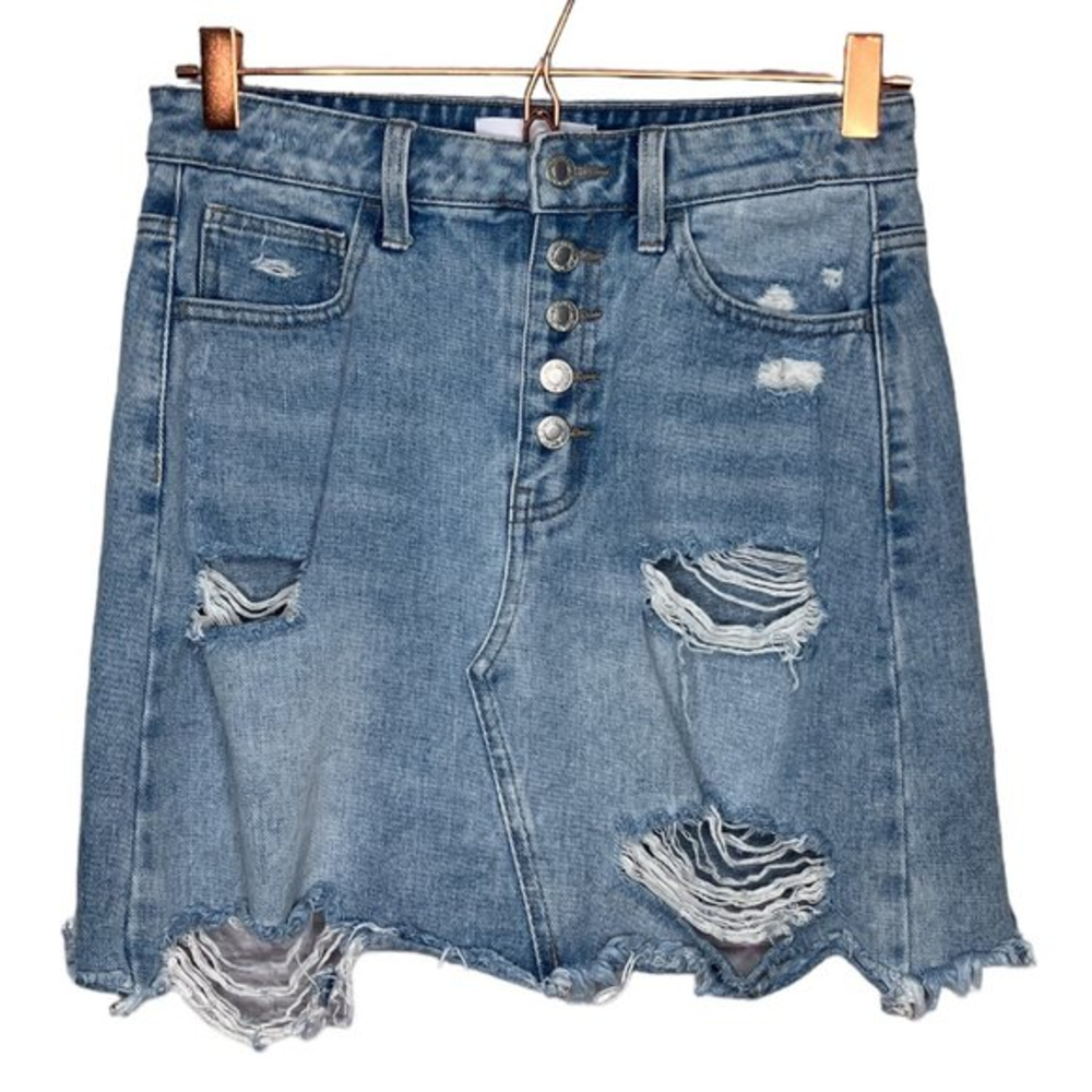 VERVET Small S Light Wash Cotton‎ Denim Distressed Button Front Mini Jean Skirt